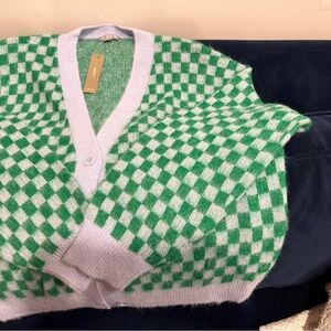 J. Crew Green and White Checkered Cardigan